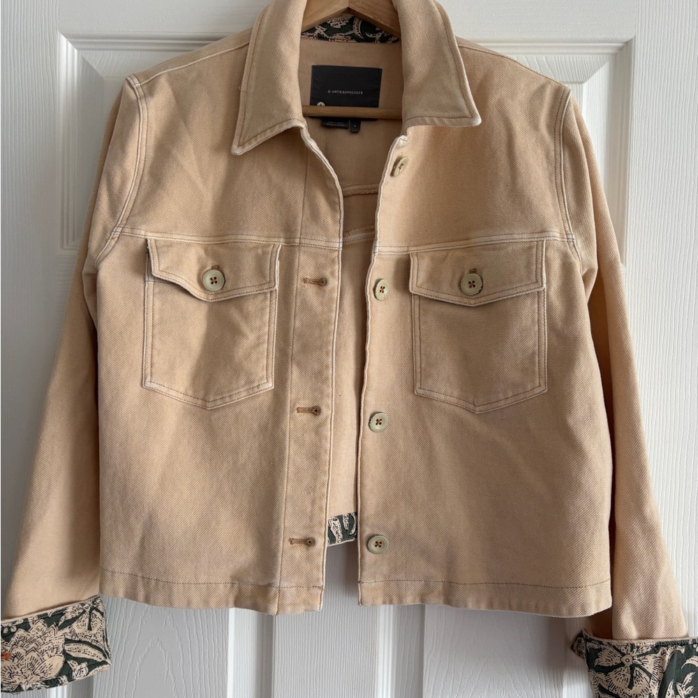 Anthropologie Tan Jean Jacket with Patterned Lining